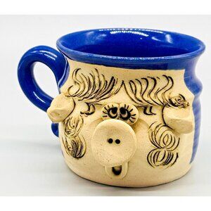 Teigland Bradford Art Pottery Ugly‎ Face Pig Mug Blue Glaze 1970s
